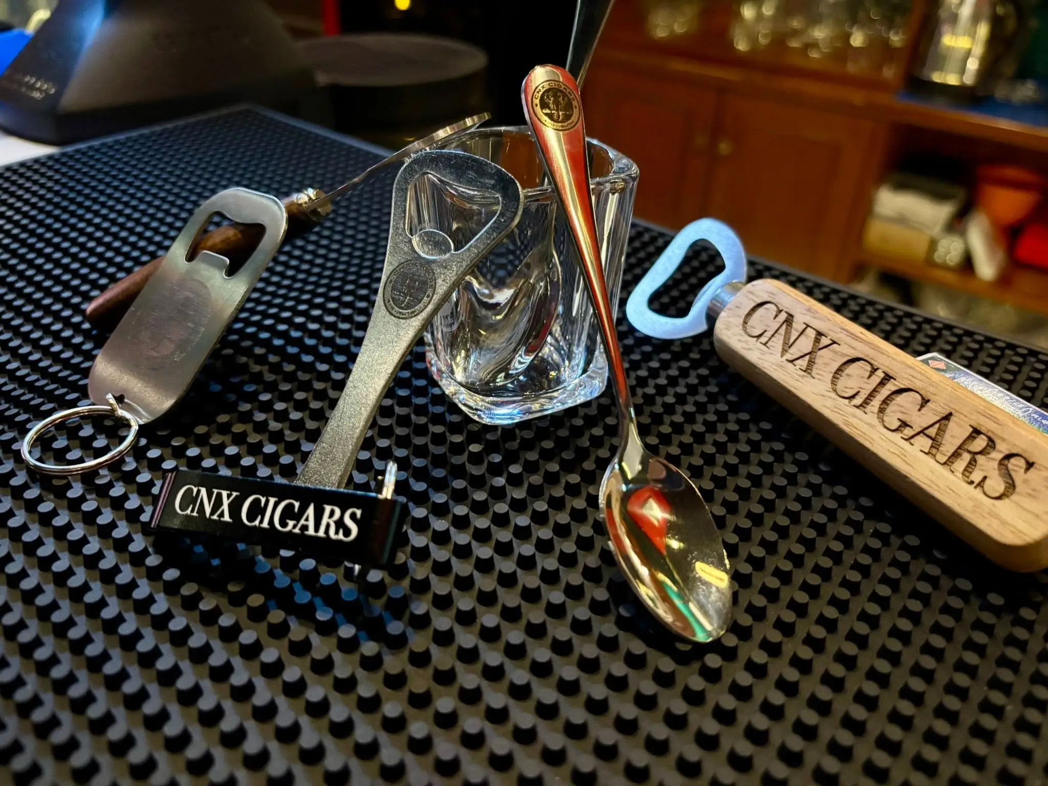 Display case of premium cigar cutters at CNX Cigars Chiang Mai
